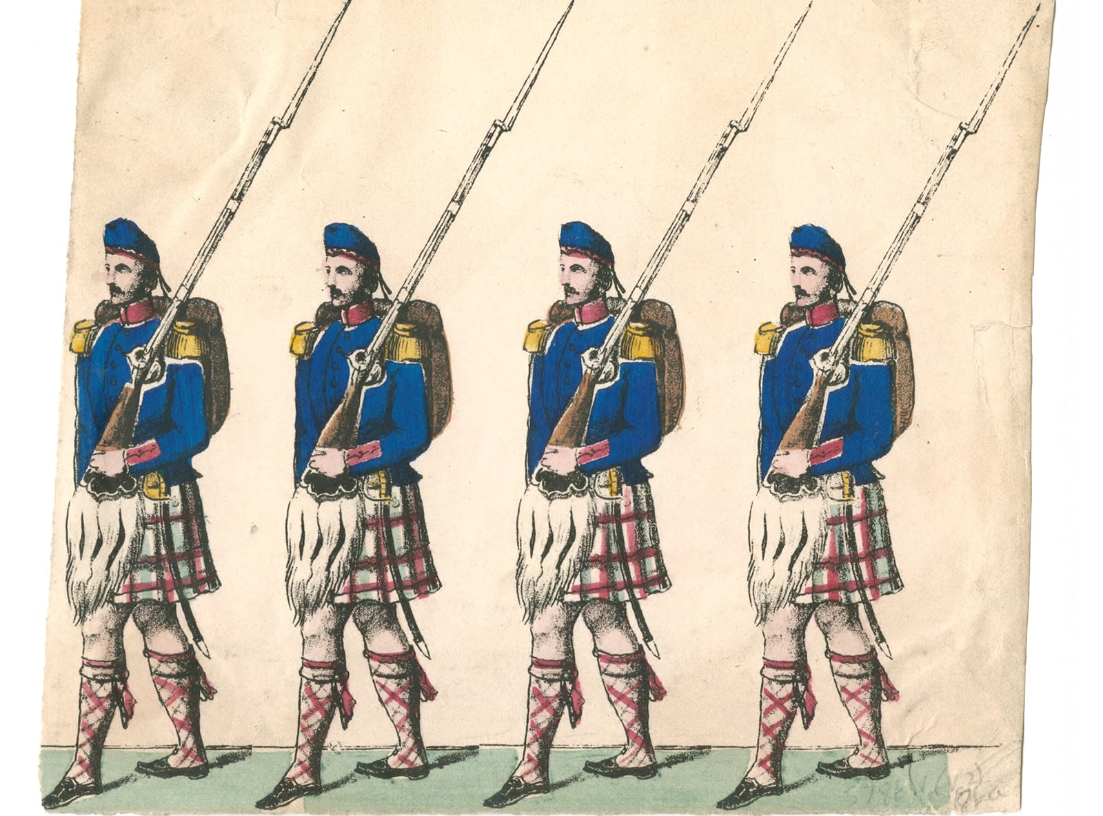 lithograph of soldiers with bayonets