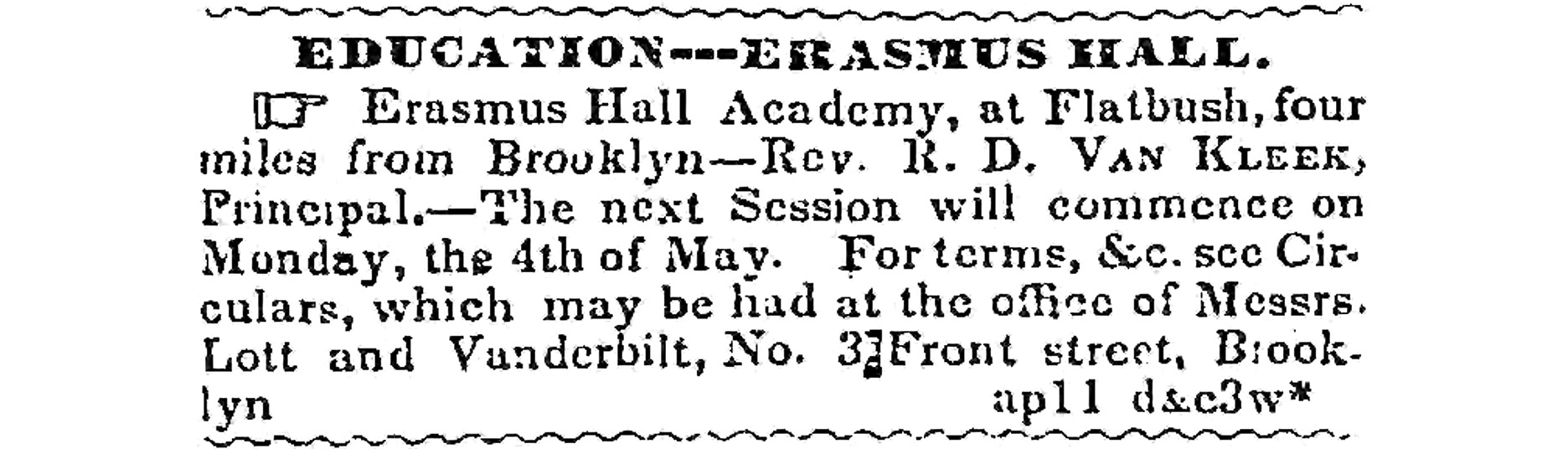 black and white newspaper ad for the next session of classes
