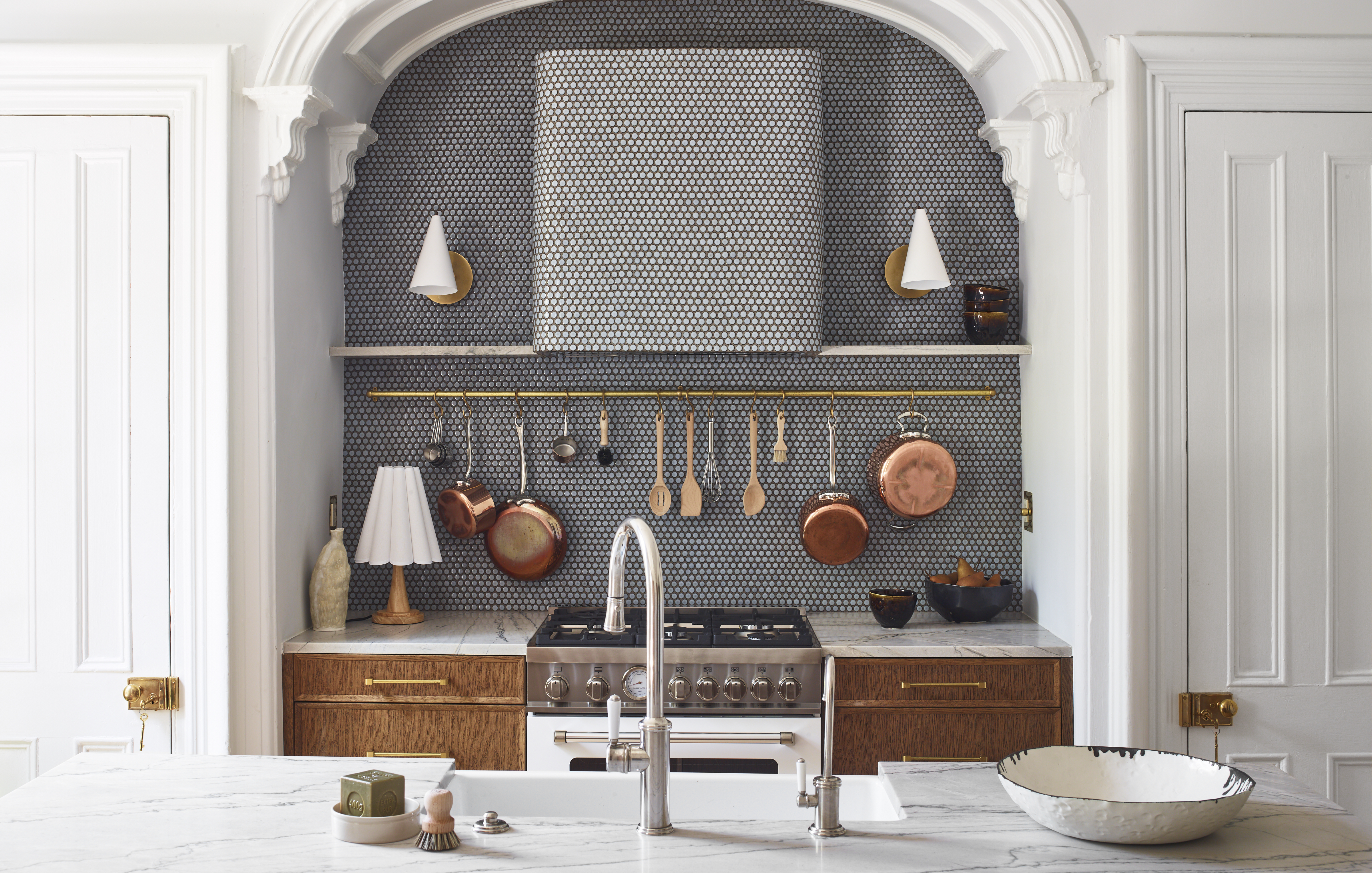 TILE STOVE HOOD AND BACKSPLASH INSIDE ARCH